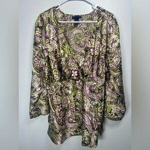 Lane Bryant Paisley Print V neck Women's Satin Top Brown Purple Green size 14/16
